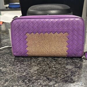 Bottega Veneta purple leather zip-around wallet with a galuchat leather panel.